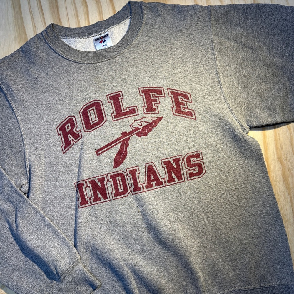 Jerzees Rolfe Indians Gray Graphic Crewneck Sweatshirt Small NuBlend Vintage